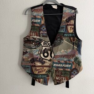 Vintage Denim Republic Route 66 USA Travel Graphic Tapestry Button Down Vest